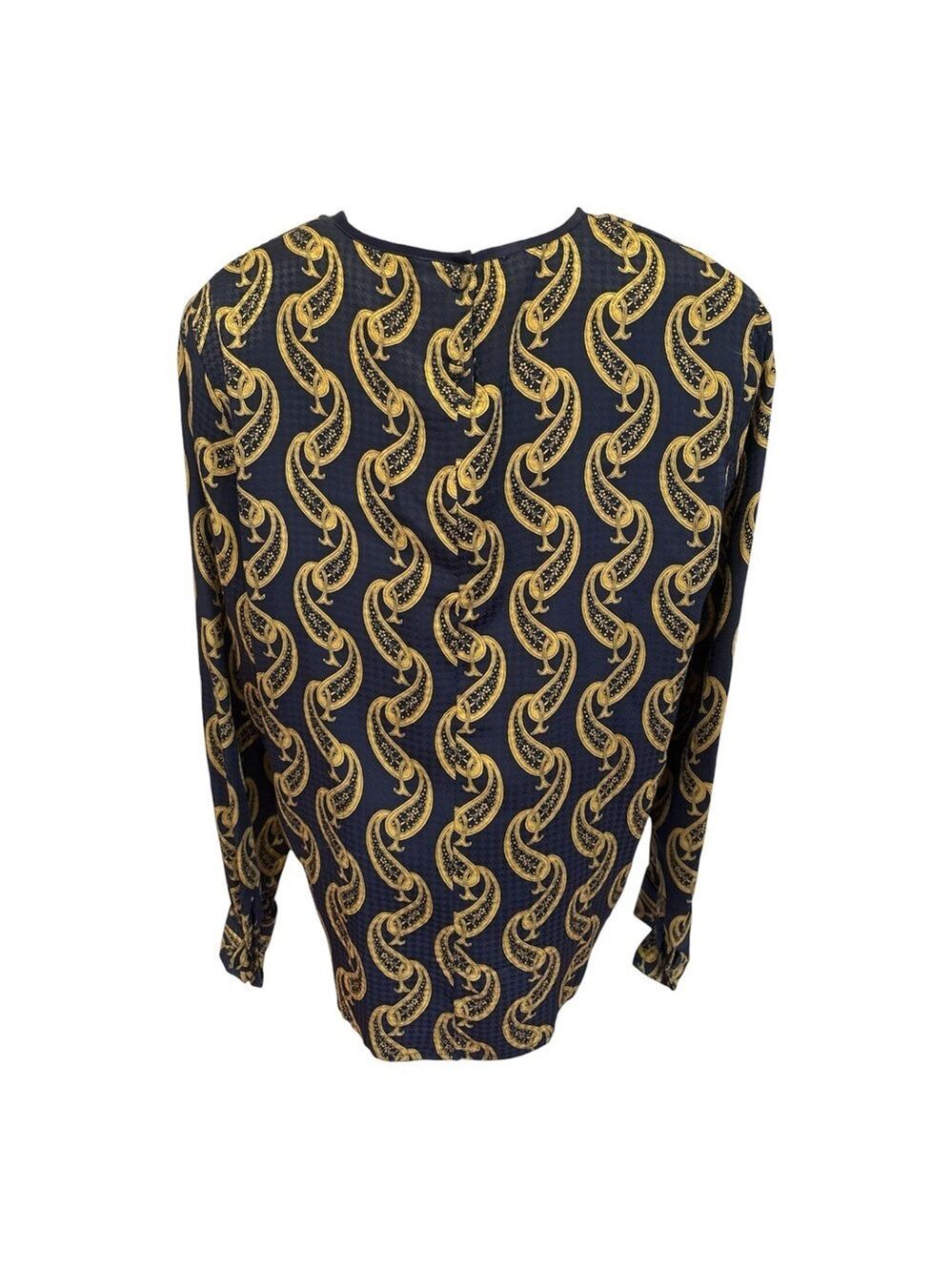 80S VALERIE STEVENS SILK NAVY & GOLD PAISLEY PRINT LONG SLEEVE COLLARLESS BLOUSE - Picture 5 of 6